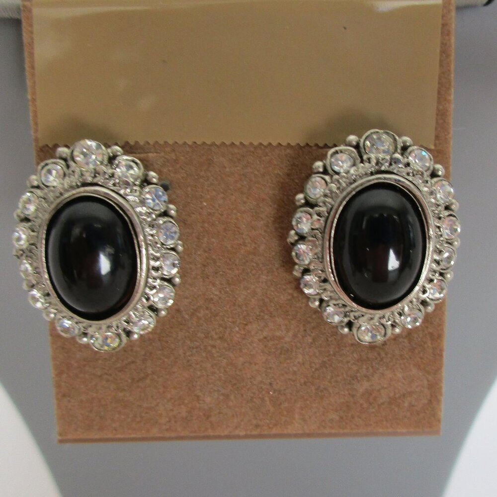 Vintage Oval Stud Rhinestone with Black Stone Earrings, Silver tone 1" H